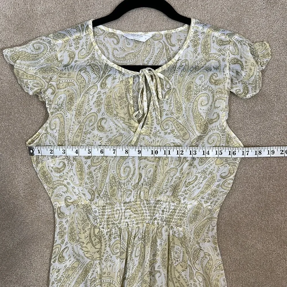Lucky Brand Sheer Midi Boho Shortsleeve Yellow Keyhole Dress Women Medium
